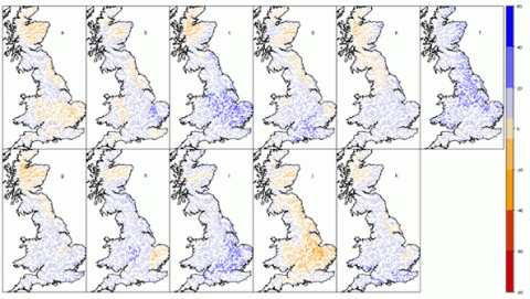 Map of percentage changes in winter mean river flow for the 2050s as simulated by the hydrological model CERF with each of the Future Flows Climate members using the SRES A1B emission scenarios