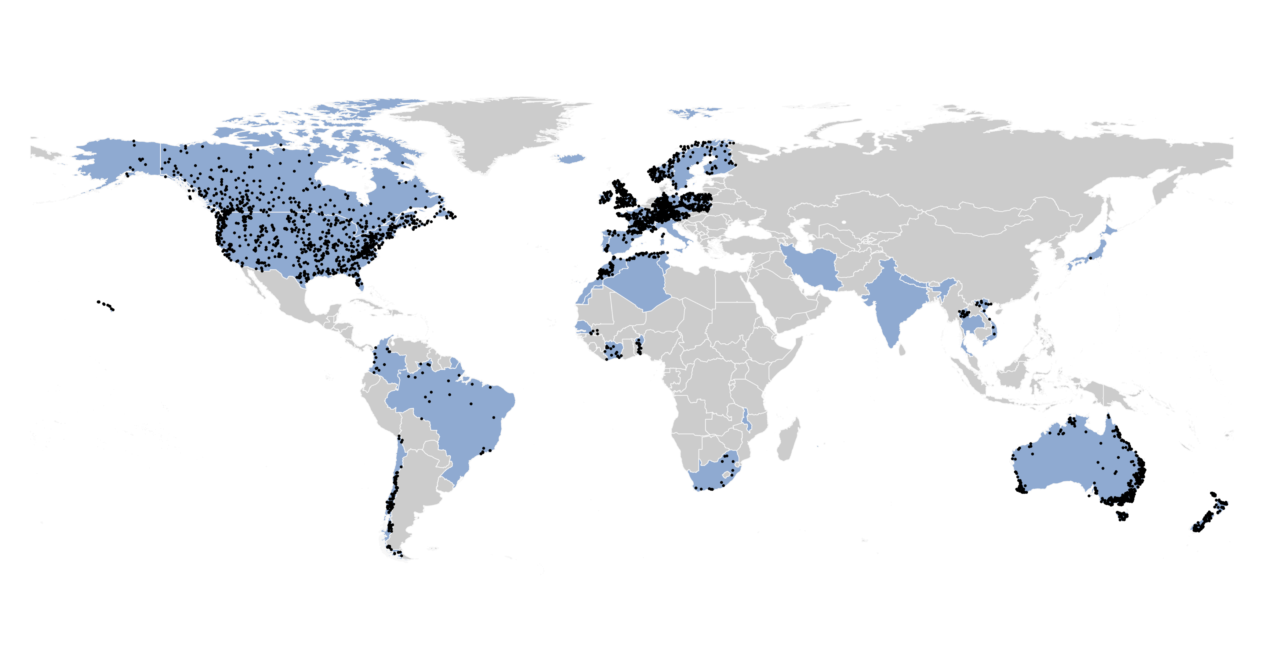 Map showing countries involved in ROBIN shaded blue, and black dots showing the individual gauging stations