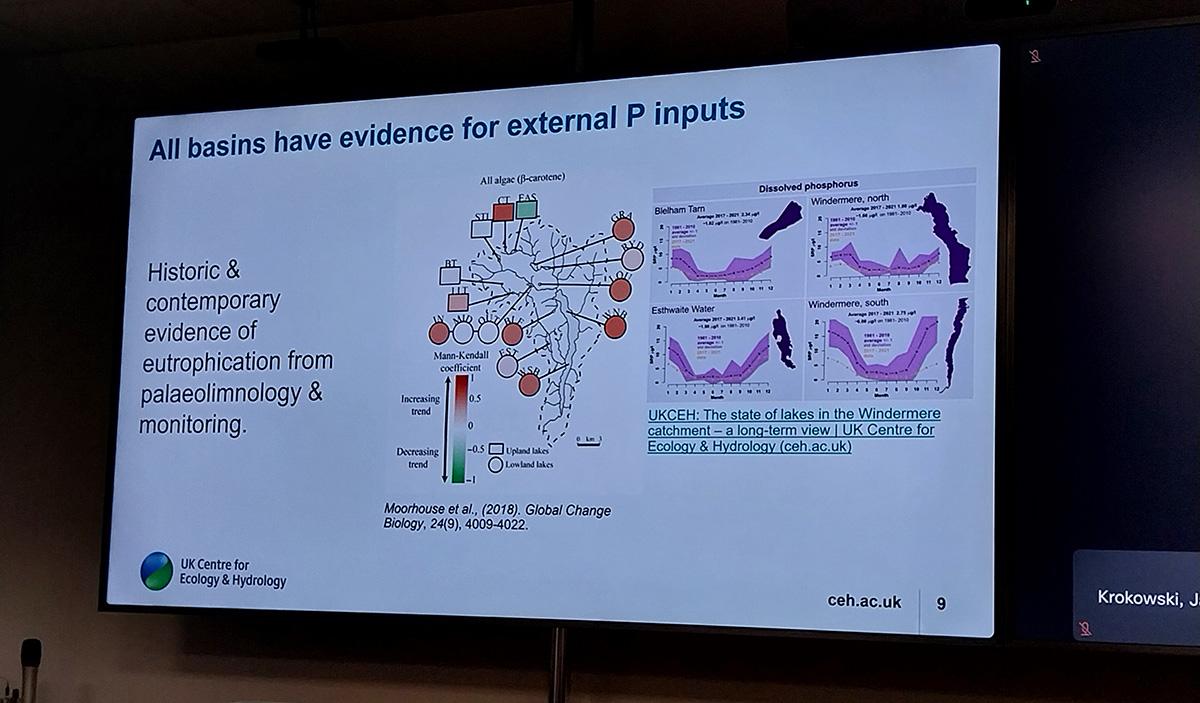 Slide from presentation about internal phosphorus loading in Windermere catchment lakes