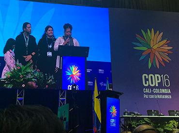 Youth representation on stage during Biodiversity COP16 plenary