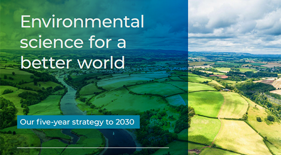 Aerial view of farm landscape, hedgerows and river and the text Environmental science for a better world Our five-year strategy to 2030