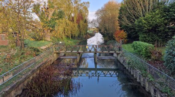 Ancholme at Bishopbridge, looking downstream towards the gauging station from the road bridge. Photograph taken by Rachael Armitage in November 2024