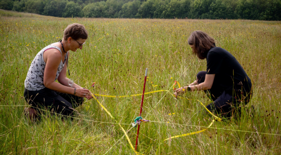 Surveying Two people in a field surveying