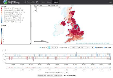 UK Drought Portal showing the SPI-3 drought index ending in May 2020 for the UK, with the Ouse highlighted and shown on the graph at the bottom Screengrab showing map of UK and precipitaton index