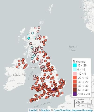 Map of UK with dots of locations