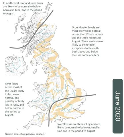 June 2020 UK Hydrological Outlook Map showing June 2020 hydrological outlook in the UK