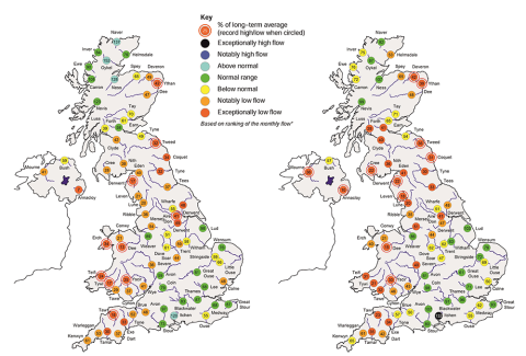 River flow averages for May 2020 (left) and April-May 2020 (right) Maps indicating river flow status in the UK in May 2020 and April-May 2020