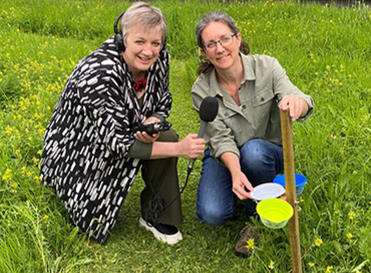 Sue Nelson and Claire Carvell beside a pan trap used for monitoring pollinators
