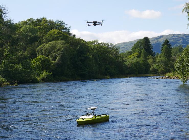 UKCEH remote controlled boat and drone on the River Awe. Photo: River Awe.