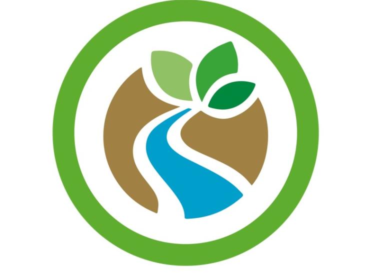 Green circle with blue river, brown soil and green leaves