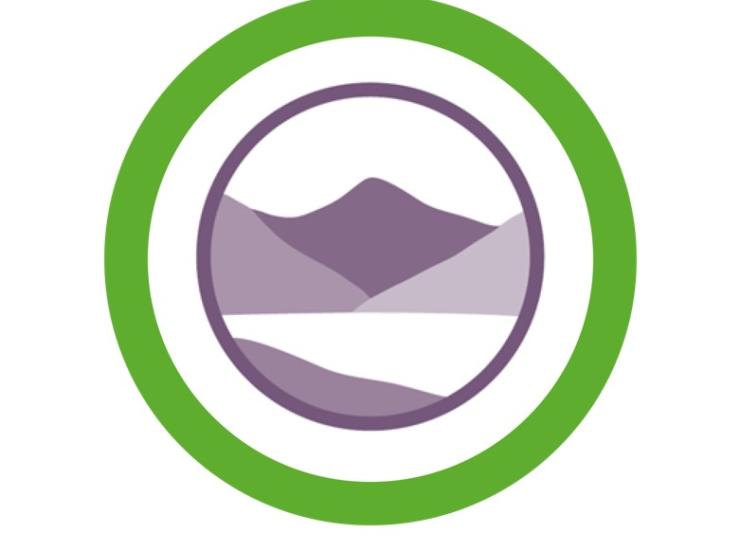 Green circle with grey mountain and a lake