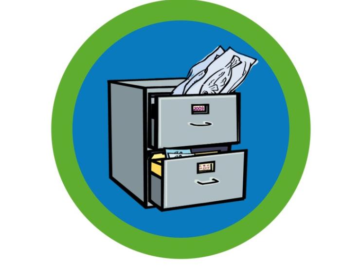 Green circle with open filing cabinet in a blue circle