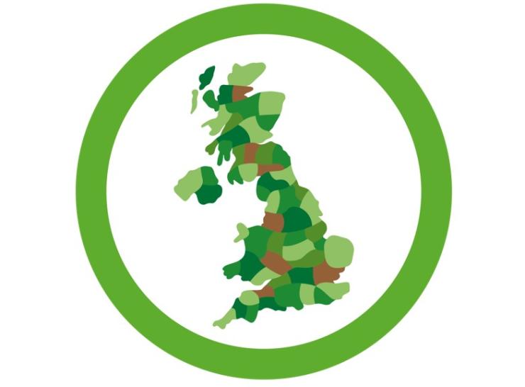 Green circle with map of the UK in green and brown