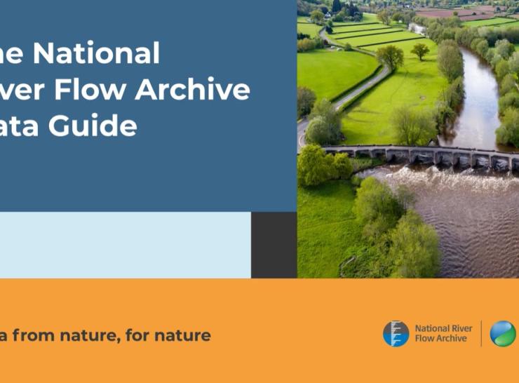 National River Flow Archive Data Guide video tile with photo of bridge over river and fields